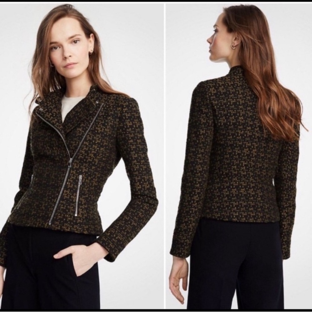 Ann Taylor Tweed Olive & Black Moto Jacket